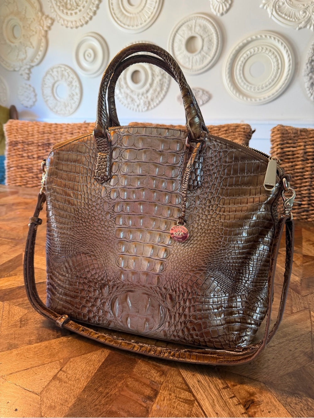 Brahmin Brown Croc-Embossed Satchel with Removable Strap